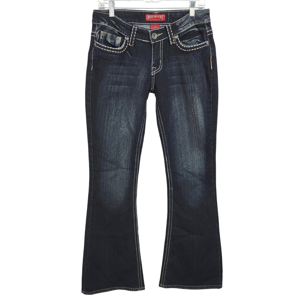 RED RIVET Low Rise Flare Bootcut Jeans Size 9 Dark Wash Embroidered Flap Pockets